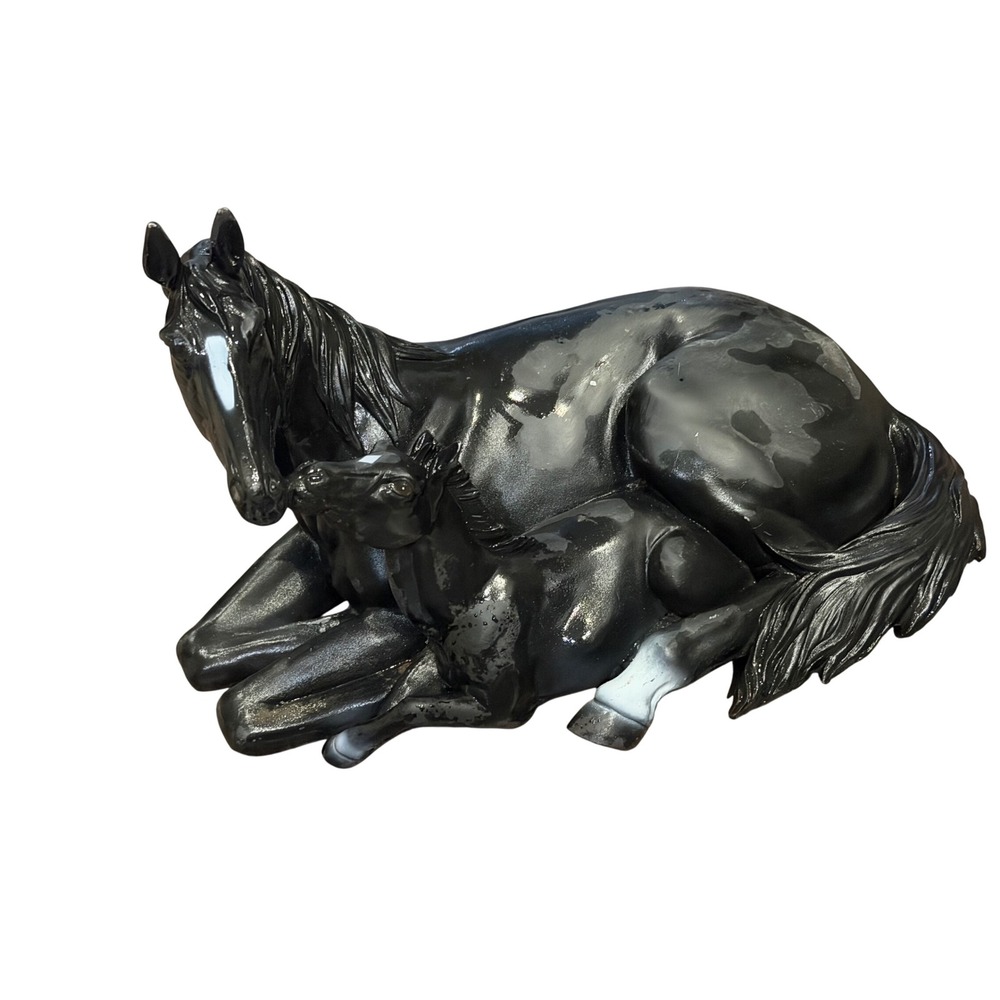 Vintage Style Black Horse Statue Resin Mare and Foal Figurine 10" Western Decor